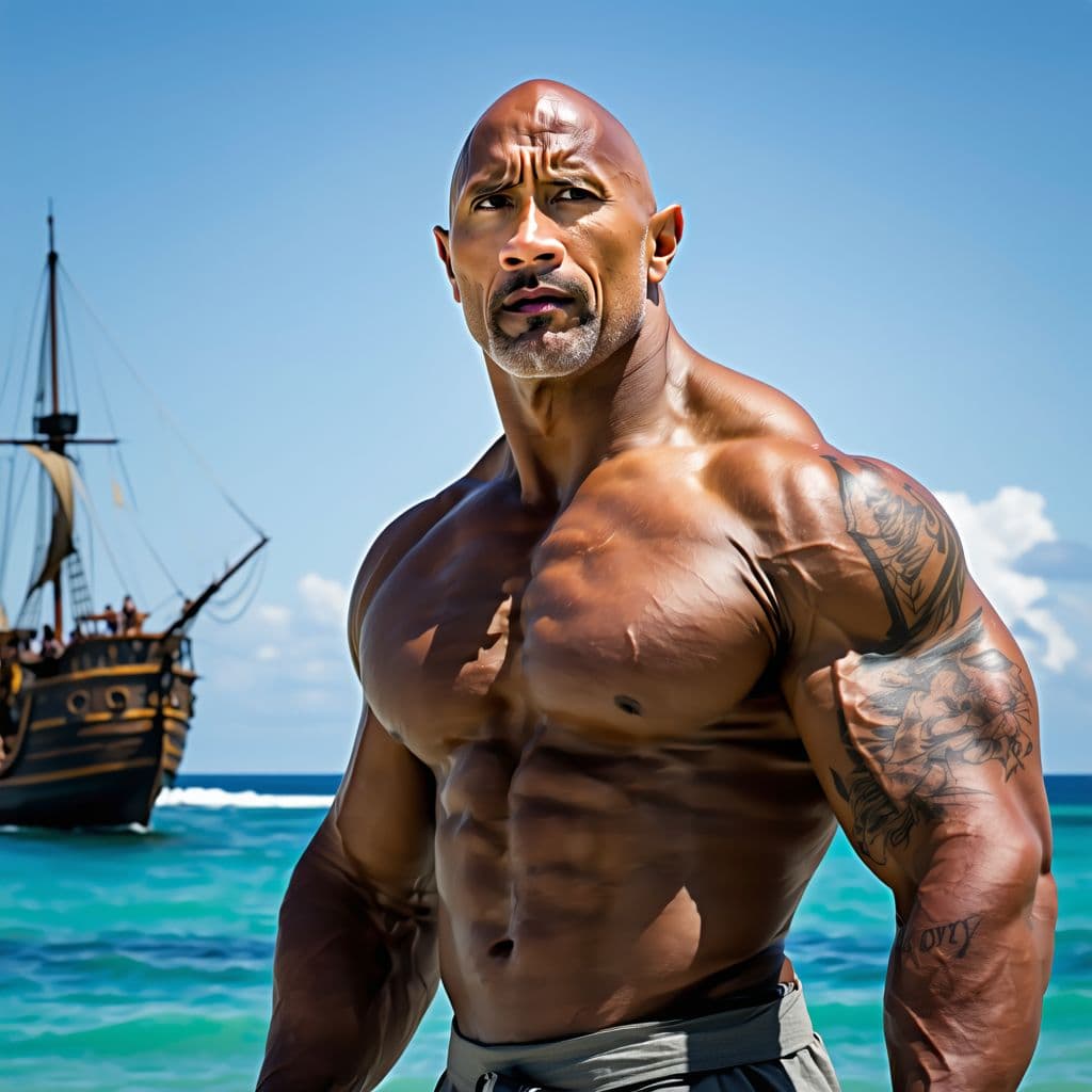 AI generated: dwayne johnson shipwrecked, alone, lonely, fearful, masters, hellish, uncanny