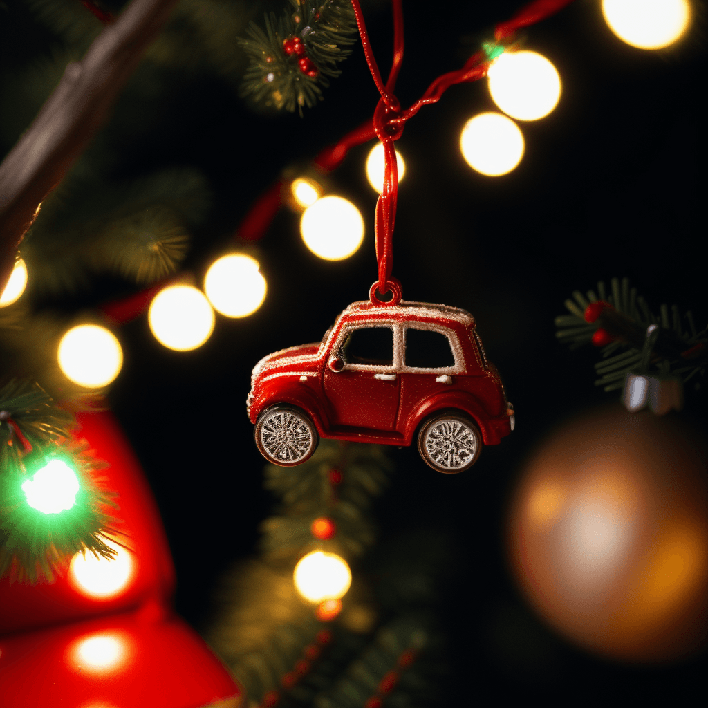 AI generated: closeup photo of hanging from a christmas tree a small toy red car , christmas lights, depth of fiel...