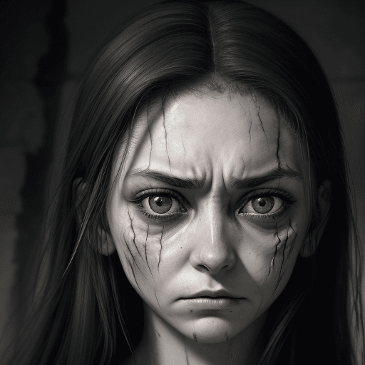 AI generated: .Her Expression: Maria's eyes are haunting, filled with a mixture of sorrow and malevolence. Her gaz...