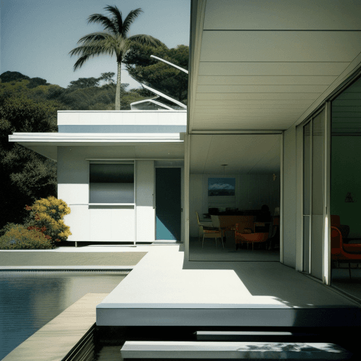 AI generated: Hyper realistic eye level exterior photo of a mid century modern style house overlooking the ocean, ...