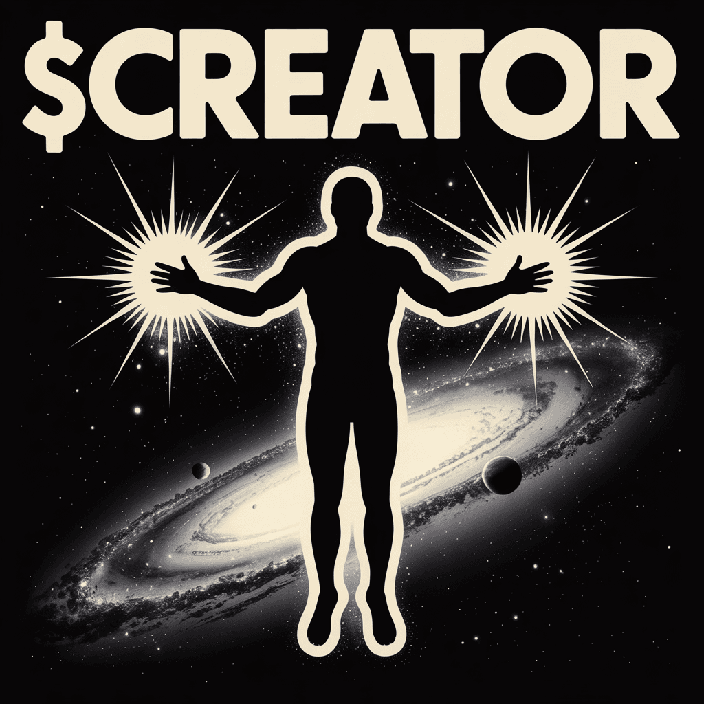 AI generated: Minimalist cosmic poster art, human silhouette standing with arms wide open, starburst lights shinin...