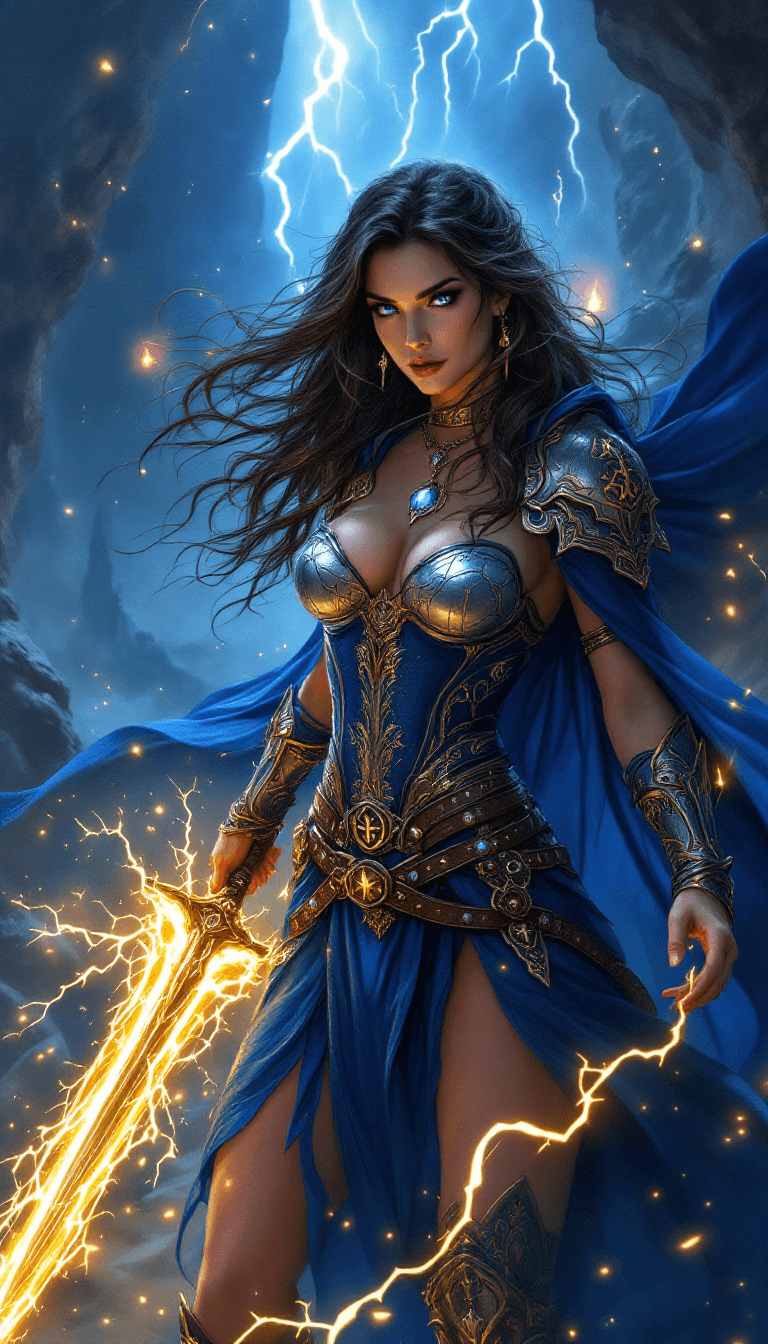 AI generated: A fierce and majestic sorceress warrior stands in a stormy, enchanted battlefield.