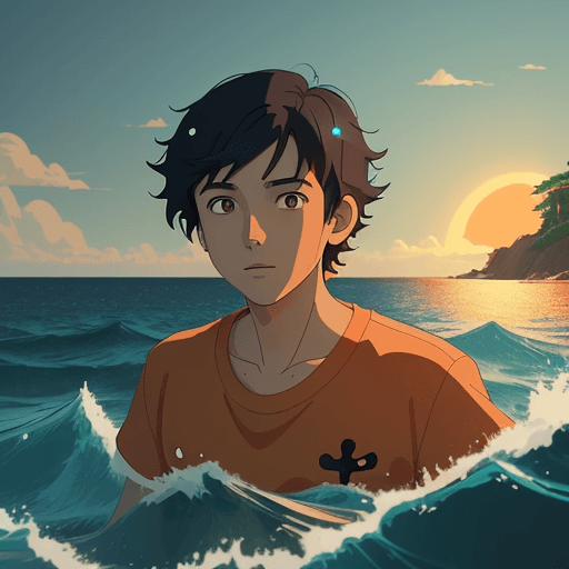 AI generated: make a landscape of a young man inside the sea, with orange shirt and black hair. Background with li...