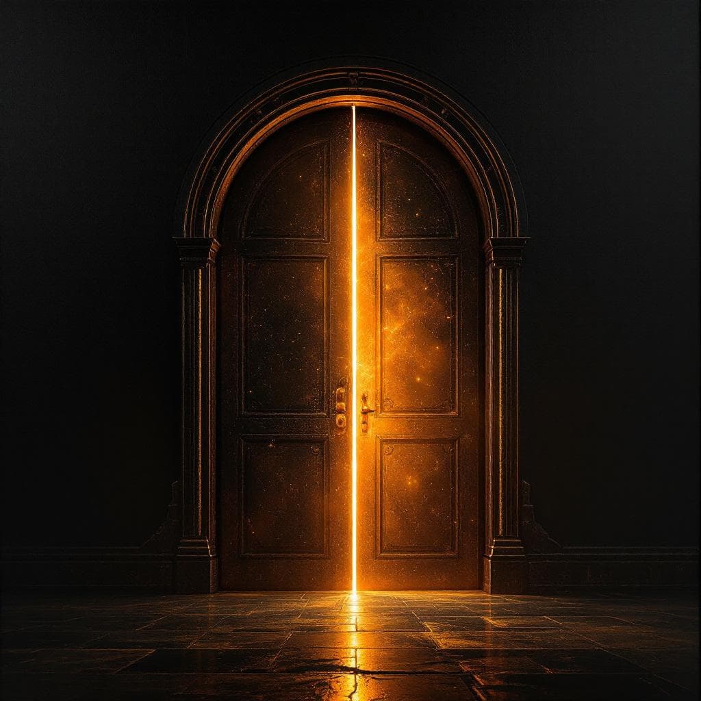 AI generated: A magnificent door opens with light leaking in the dark background