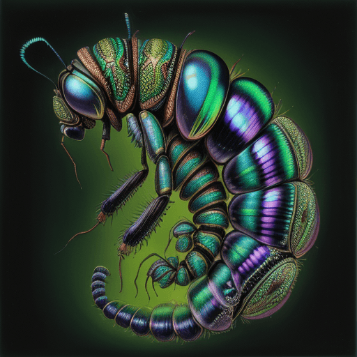 AI generated: acid trip, insect, iridescent, side view, insect, bug, centipede, photo-realistic, photograph, compl...