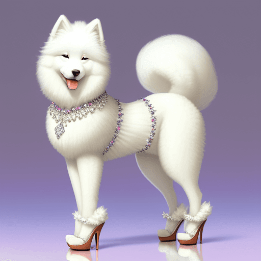 AI generated: Samoyed wearing a diamond necklace, high heels and a skirt. She's standing on her hind legs
