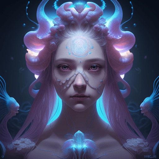 AI generated: Goddess close-up portrait ribcagel. jellyfish phoenix head, nautilus, orchid, skull, betta fish, bio...