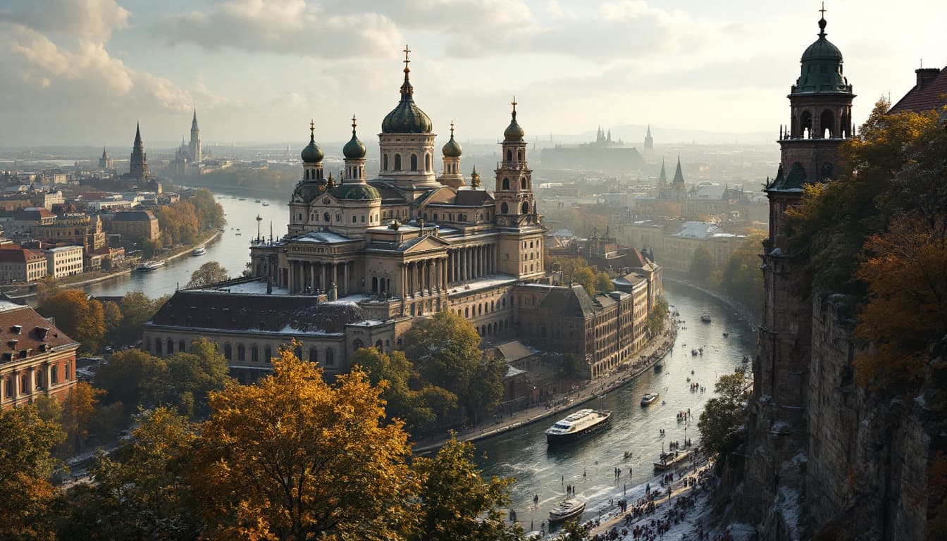 AI generated: площадь австрийского города 18-го века с кафедральным собором и ратушей.