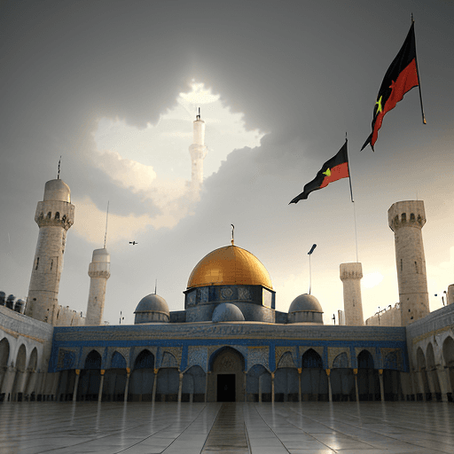 AI generated: Al-Aqsa Mosque in cloudy and rainy weather in dim sunlight and there are soldiers and warplanes with...