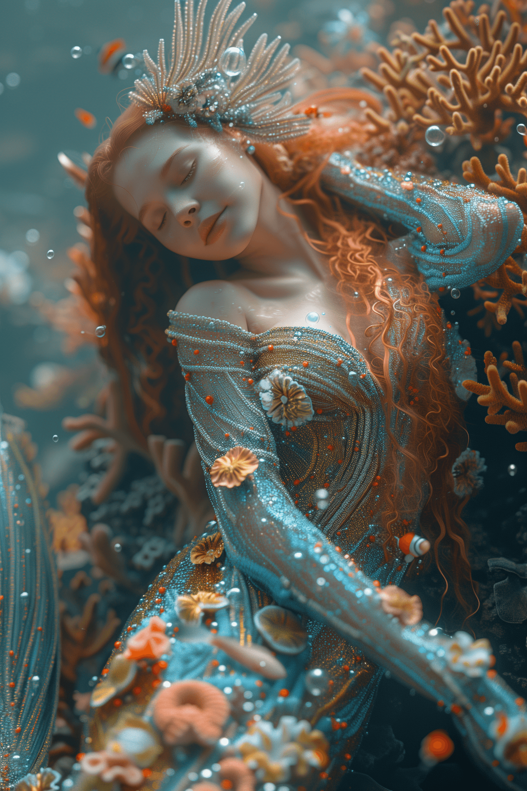 AI generated: photo of a beautiful mermaid lying on a coral reef, deep sea photography, coral reef, fish and bubbl...