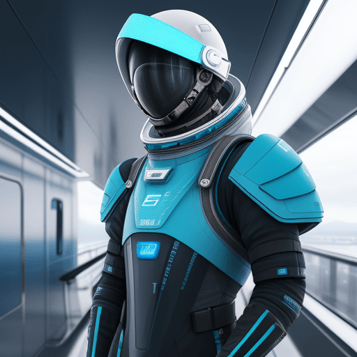 AI generated: Photo of a ultra realistic future space outfit, ESS als buchstaben auf dem aunzug sichtbar, farben d...