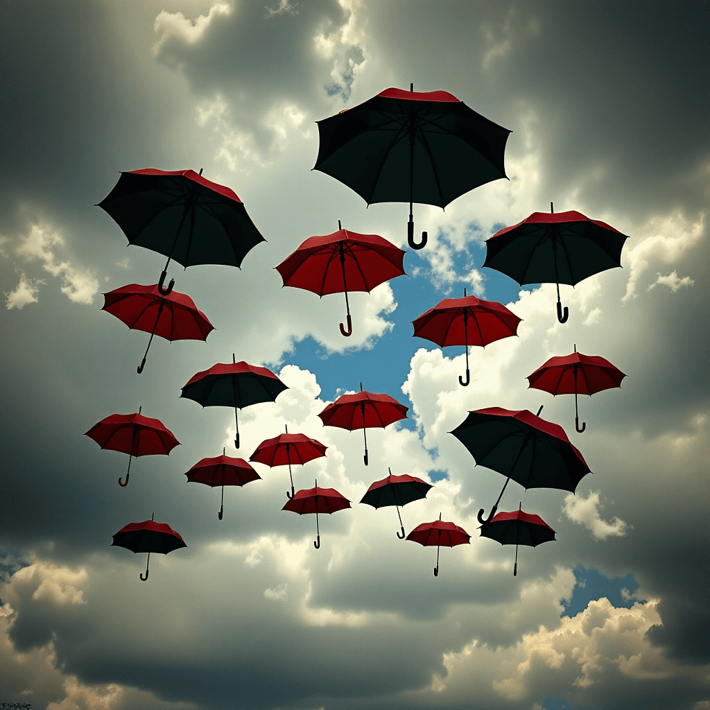 AI generated: A surreal scene of a flock of umbrellas flying through a cloudy sky, Magritte style <lora:Challenge_...