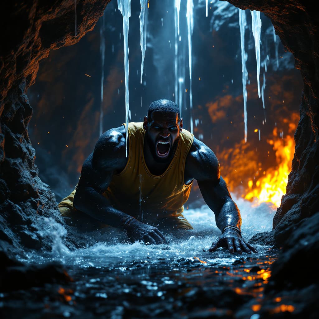 AI generated: Lebron james in a cave incredibly lost and screaming, 8k, HD, nanites, volumetric lighting, low qual...