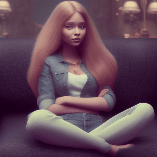 AI generated: a woman, with long hair in jeans, sitting on a couch, in the style of cartoon realism, i can't belie...