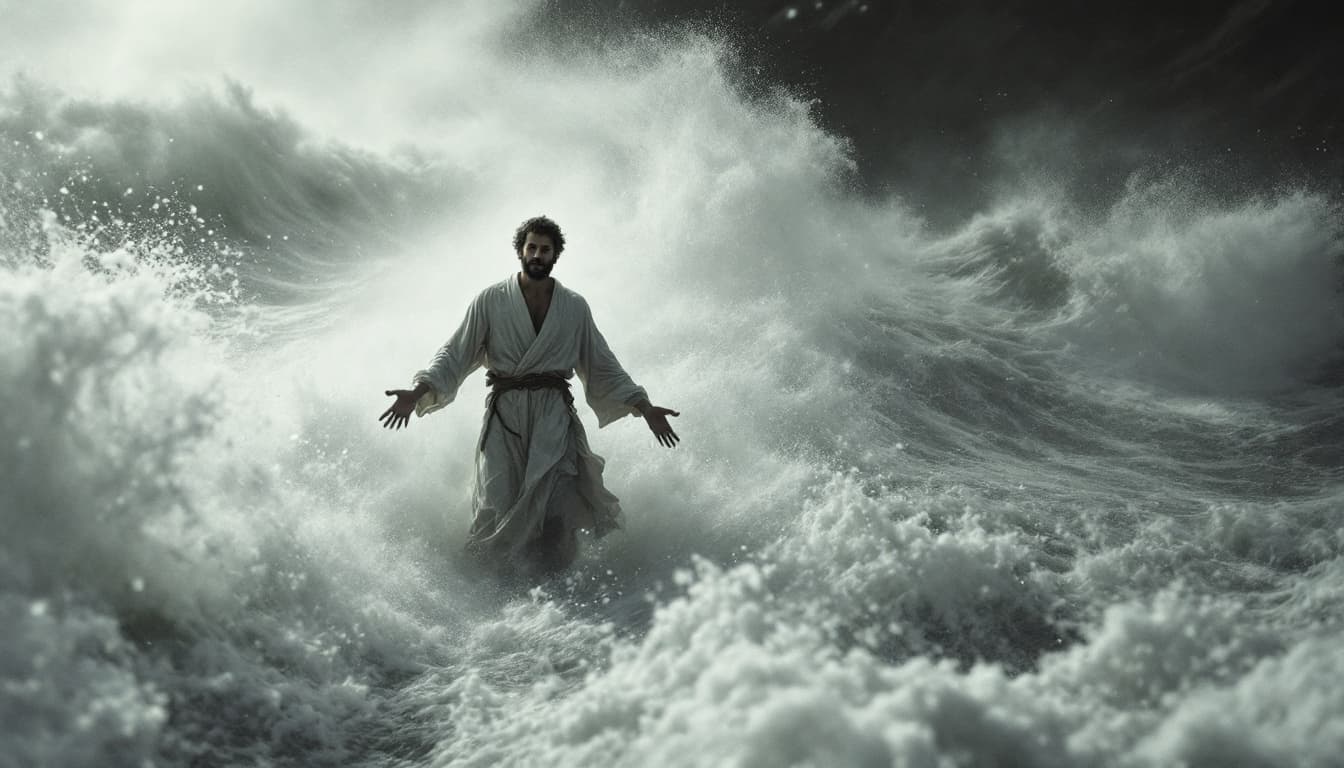 AI generated: man in a tattered robe stands against crashing waves, camera whipping around him as his shadow stret...