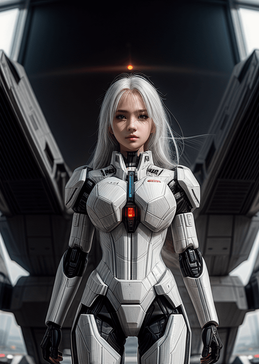 AI generated: 1girl, detailed beautiful face and eyes, white hair, ((black mecha suit)), minimalism, gun, wide vie...