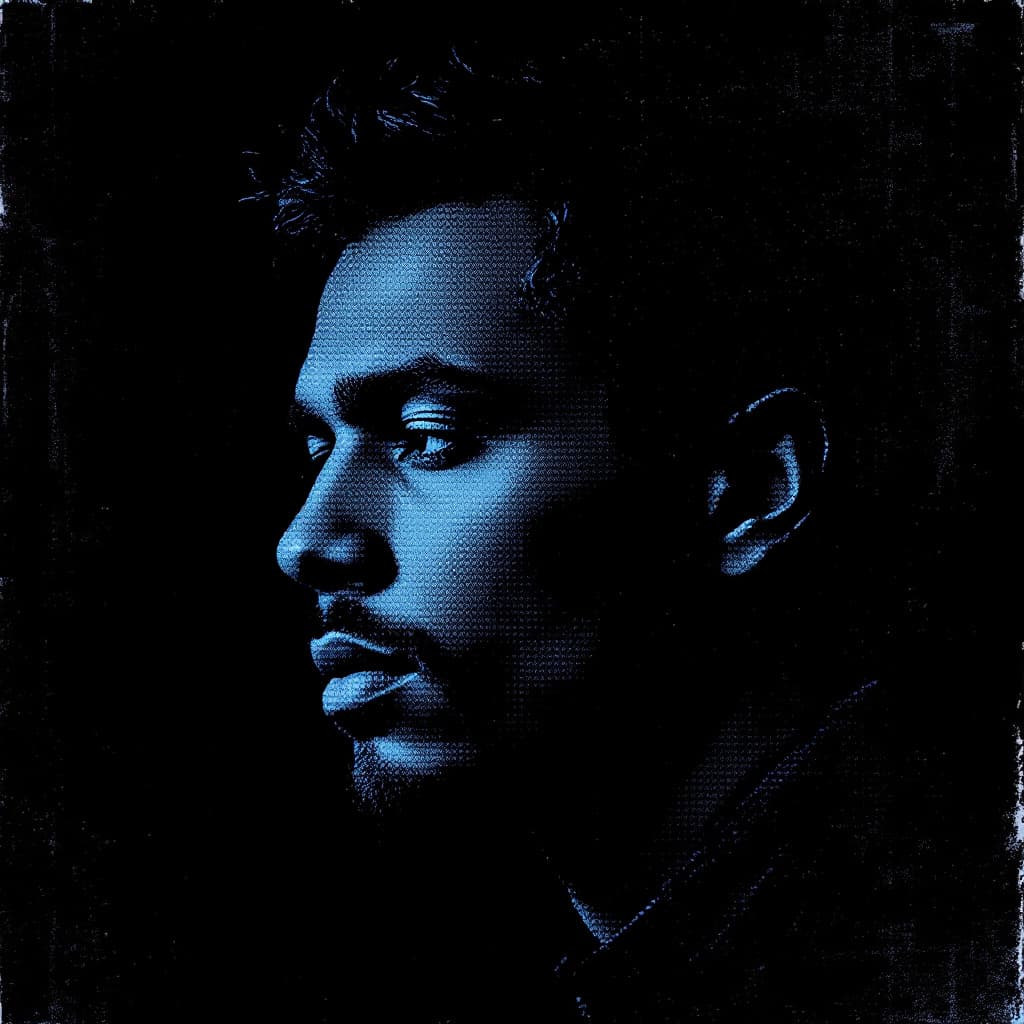 AI generated: An album cover featuring a man's face in the style of navy blue halftone, high contrast against a bl...