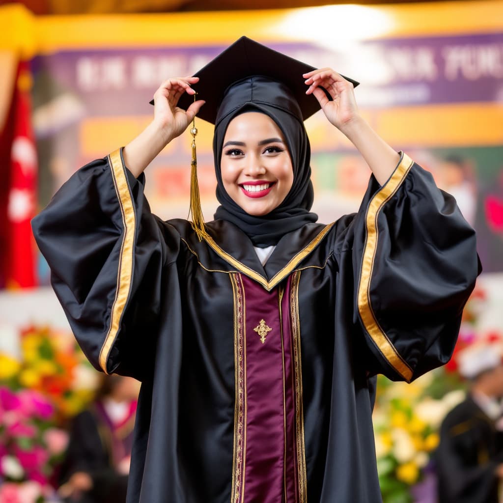 AI generated: "A joyful woman in a graduation ceremony, wearing a black graduation gown with golden embroidered de...
