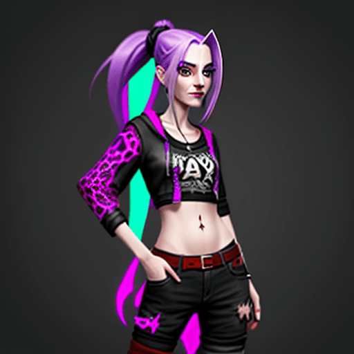 AI generated: Jinx from Arcane. Sitting on a throne somewhere in Zaun, high quality, rendered in Netflix Arcane ar...