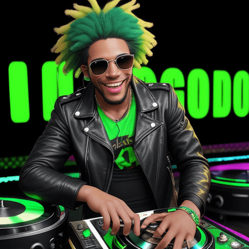 AI generated: beautiful (smiling:1) Afro Latin Man DJ with (green hair:1.1) wearing (headphones:1.1) and sunglasse...