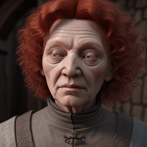 AI generated: old ginger witch, ugly face, very curly red and grey hair, medieval clothes, blind eyes, ultrarealis...