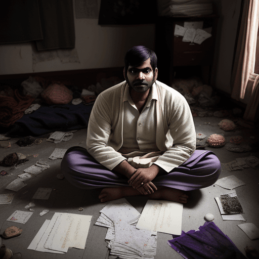 AI generated: A sad, 30 years old thin Indian man in worn traditional attire sitting on the floor in a dimly lit, ...