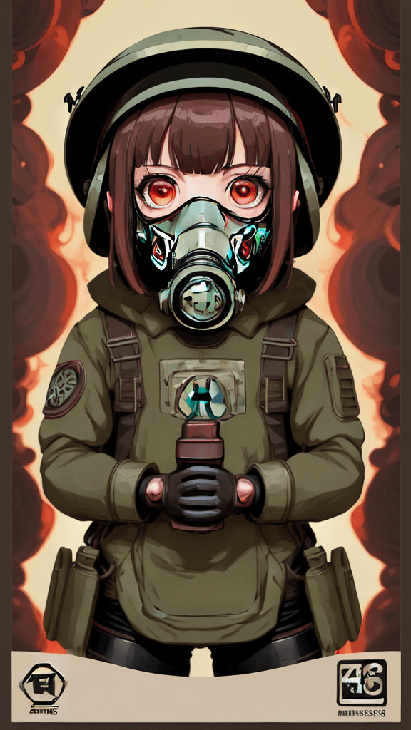 AI generated: portrait of a little mushroom girl. Wearing a gas mask. Prominent eyes, azuki illustration, anime, v...
