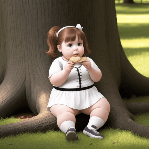 AI generated: A fat little girl eating by the tree getting fatter