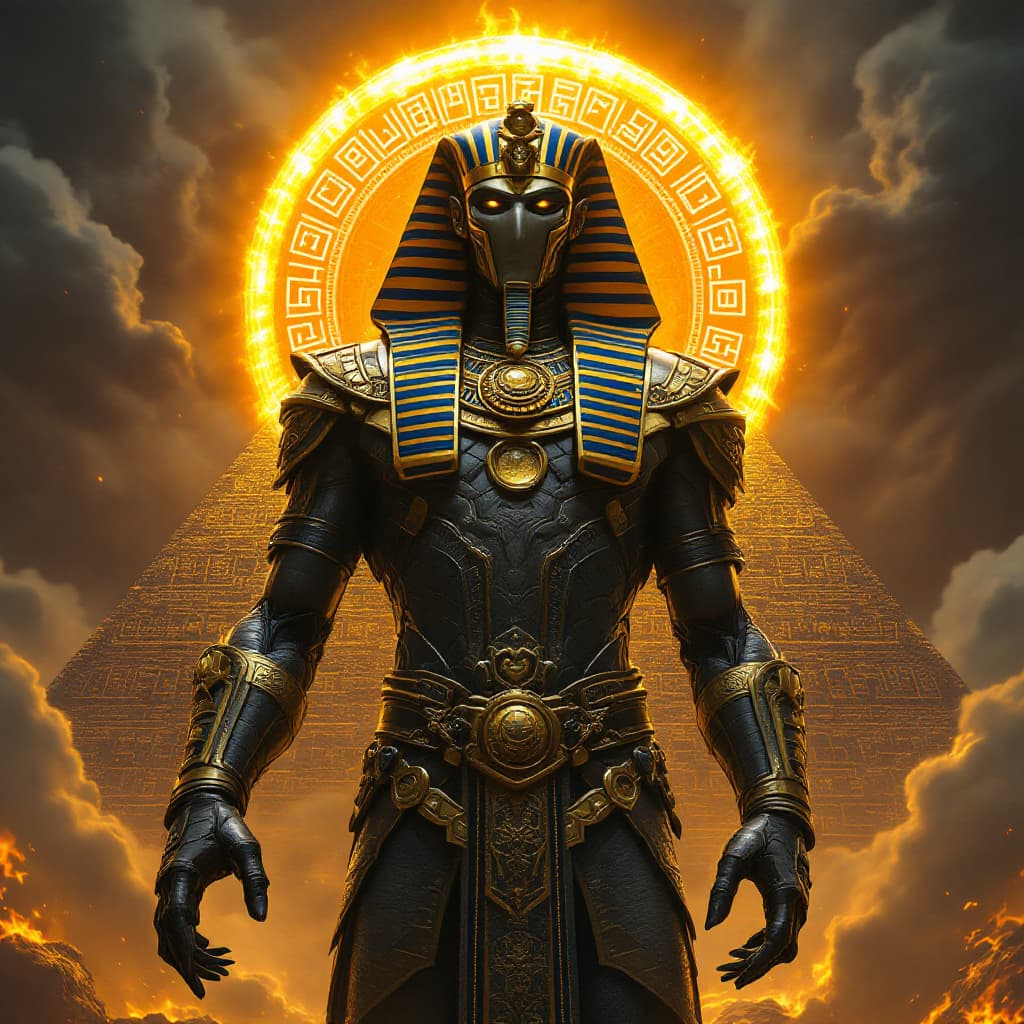 AI generated: A towering, ornate figure resembling an ancient Egyptian pharaoh dominates the center of the image, ...