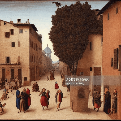 AI generated: A long-hair man is walking in the street of Florence in 1503, a bird is flying, da vinci is looking ...