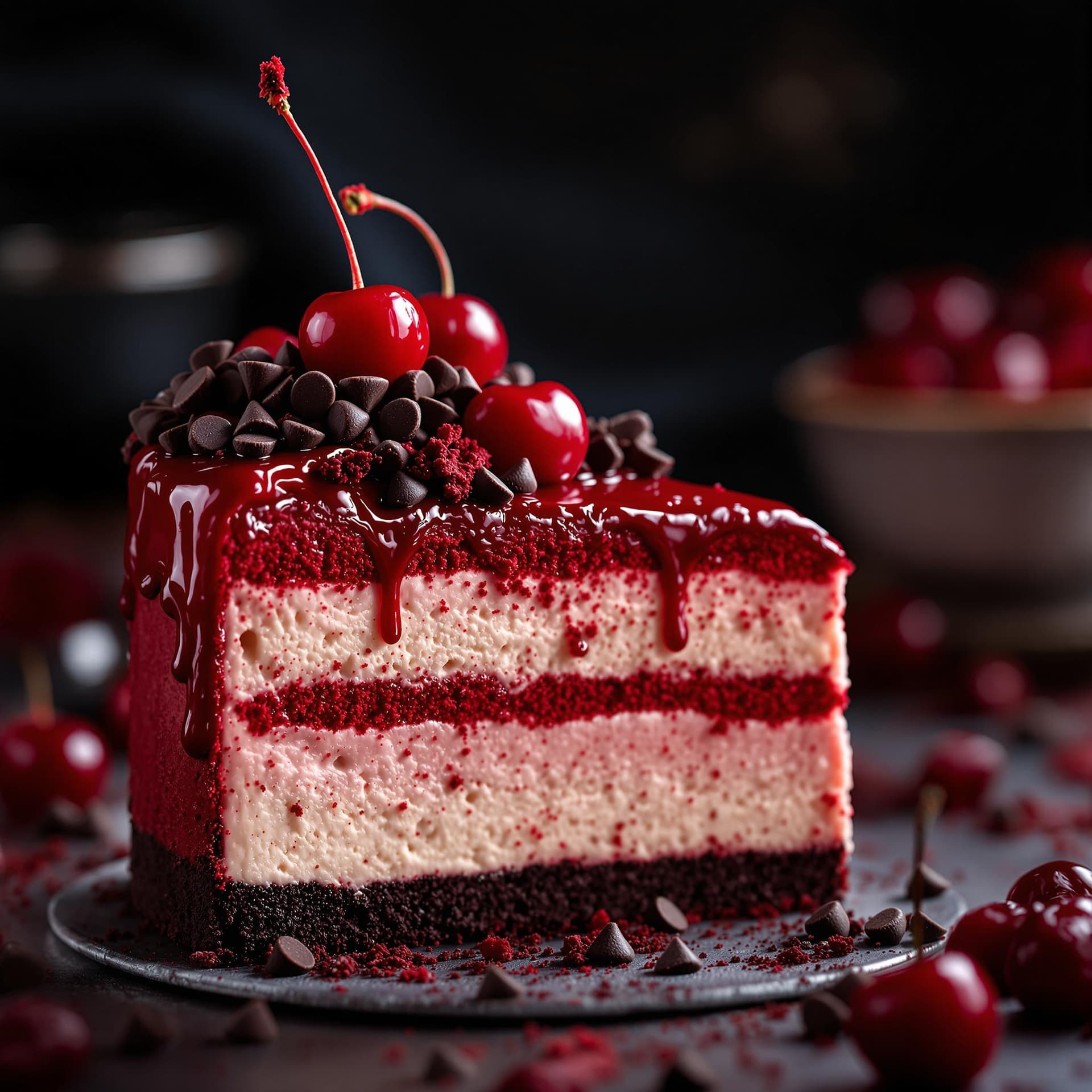 AI generated: A luxurious, triple-layer red velvet cheesecake with a dark chocolate crust. The bottom layer is ric...