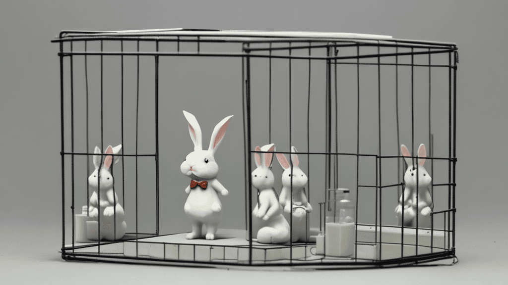 AI generated: Sad rabbits imprisoned laboratory