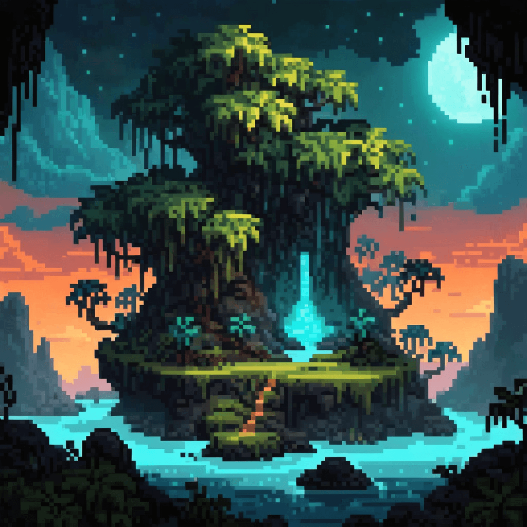 AI generated: Extremely detailed alien landscape, floating islands, clouds, vines, teal and black jungle, glowing ...