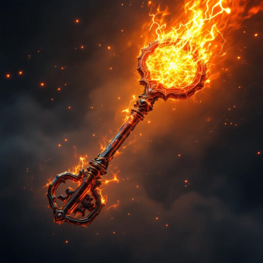 AI generated: Create a key made of Sun Stone with rainbow fire burning at the hilt and the teeth of the keys made ...