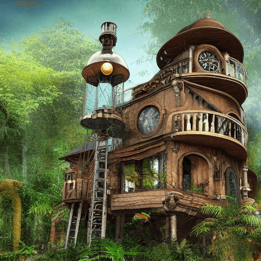 AI generated: High resolution steampunk style an old house with three levels in a jungle with a baloon sign by "Ze...