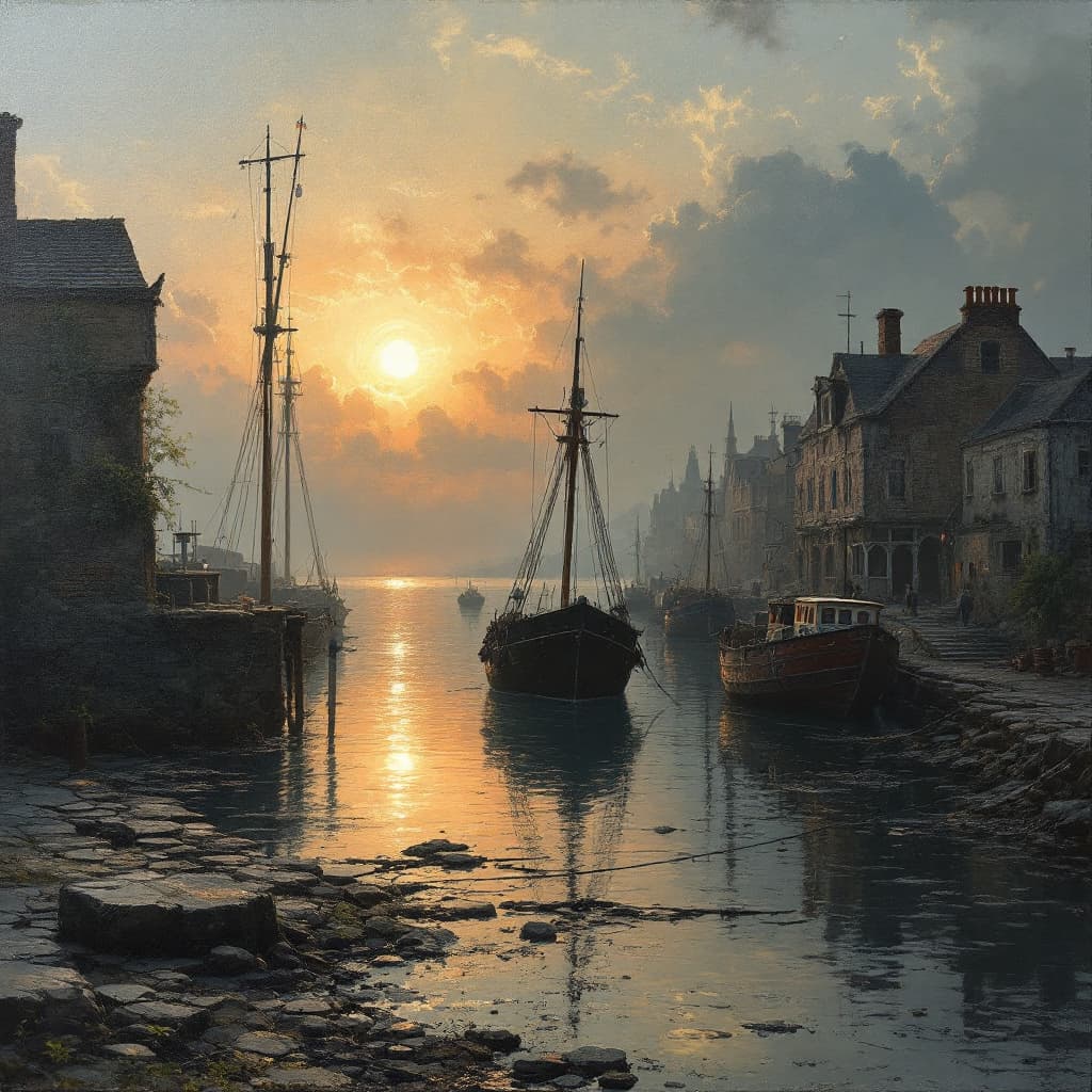 AI generated: old harbour with ghosts before the sunset
