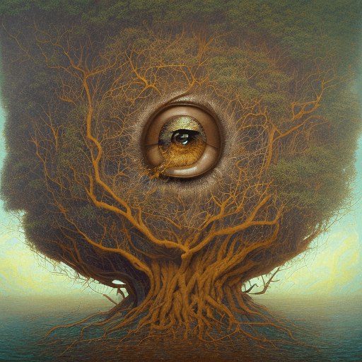 AI generated: an eye in a tree near water, in the style of brian despain, dripping paint, expansive landscapes, hi...