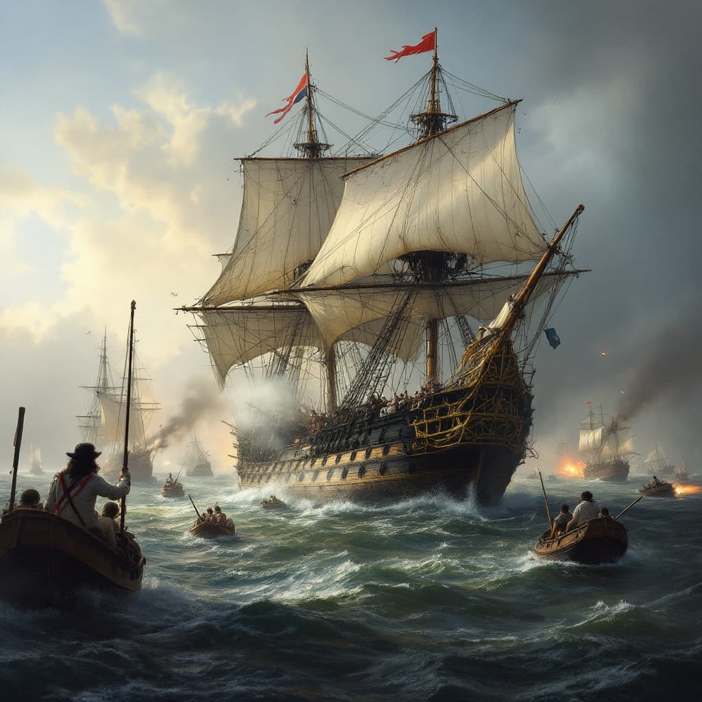AI generated: "Una escena hiperrealista de la Batalla de Trafalgar en 1805, mostrando al navío español San Juan Ne...
