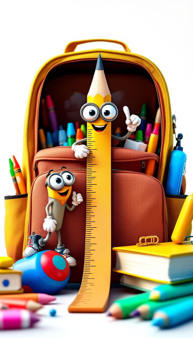 AI generated: "A 3D realistic cartoon-style scene inside a school bag. A determined pencil with googly eyes points...