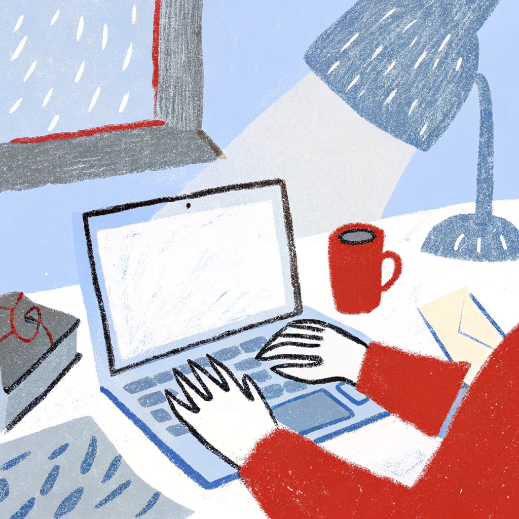 AI generated: freelancer working, black hand-drawn line, non-realistic styled face, rough line