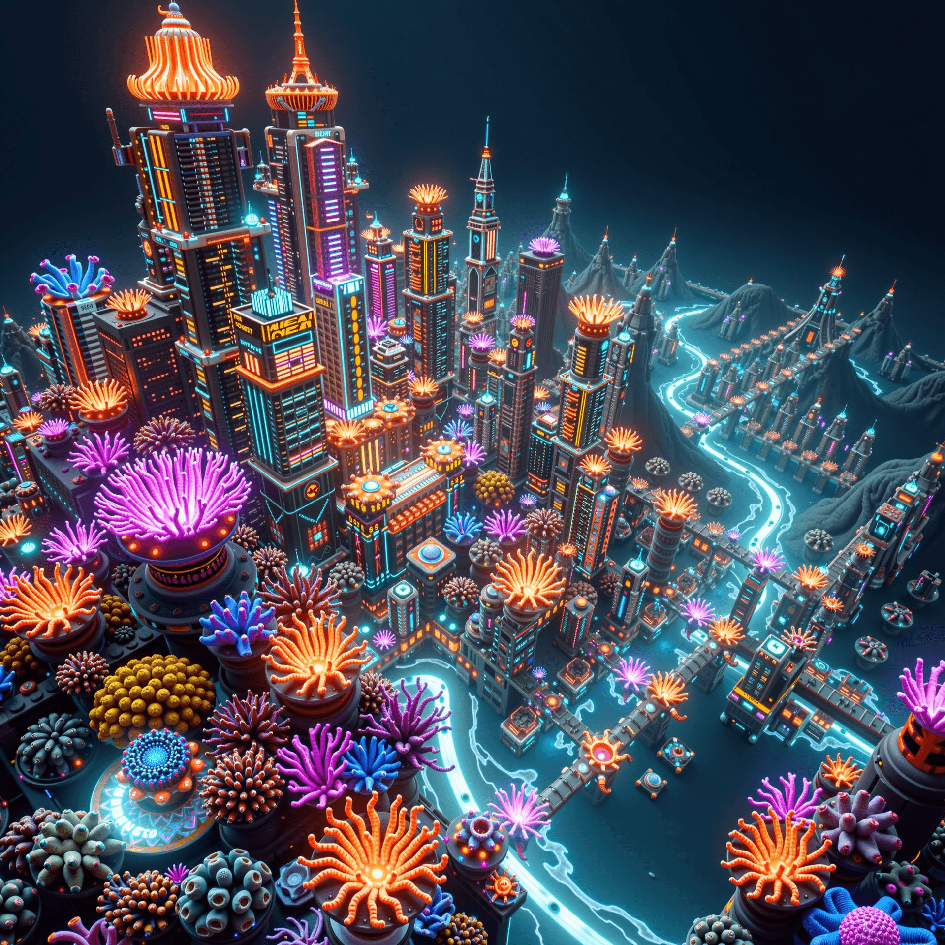 AI generated: A bustling cyberpunk cityscape made entirely of vibrant, glowing coral reefs and sea creatures, urba...