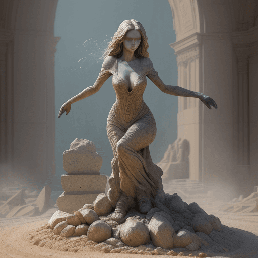 AI generated: she is a gorgeous woman-like being created out stone ((she is coming out from the ground), dust danc...