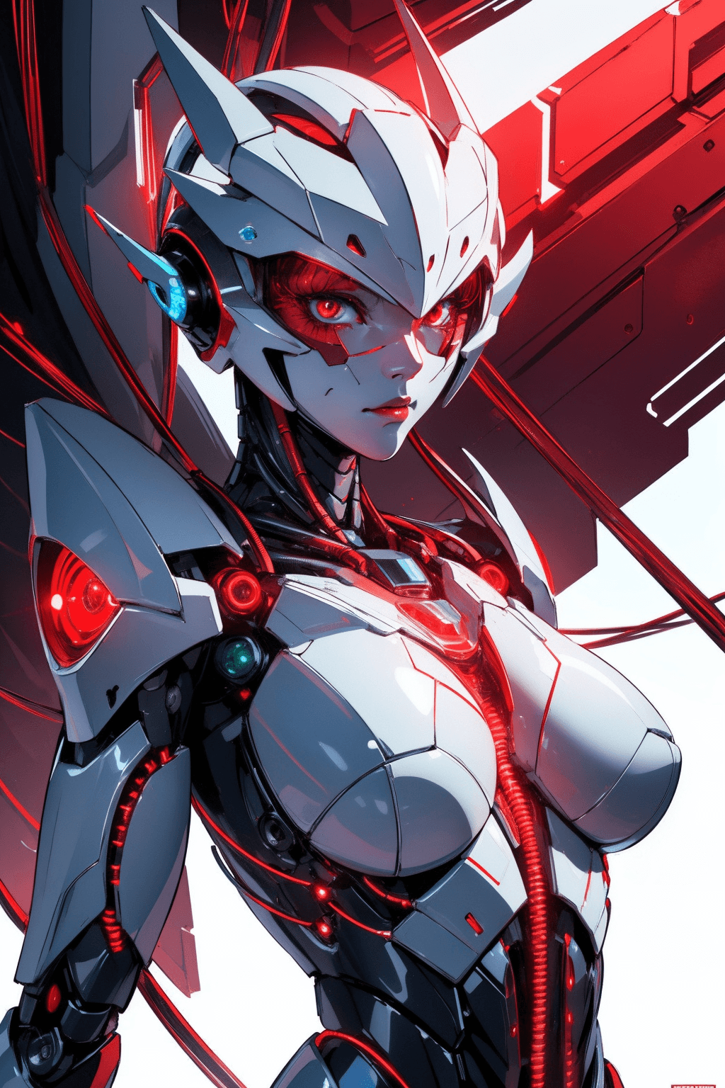 AI generated: (Robot monster girl), white onyx plating as skin, red led eyes, exposed wires, dramatic lighting, hy...