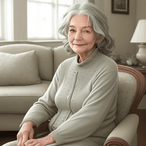AI generated: photo, Elderly female in her 70s, soft, wavy grey hair, gentle wrinkles, warm smile, light green eye...