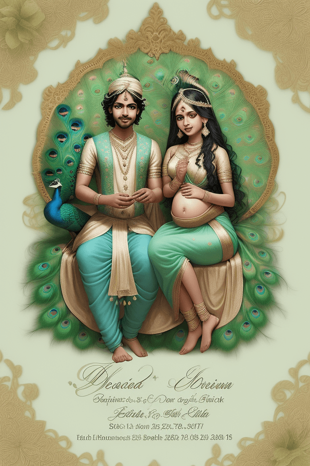 AI generated: invitation card, baby shower invitation card using baby radha and krishna with peacock and peacock f...