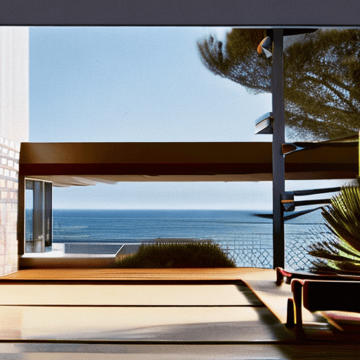 AI generated: Hyper realistic eye level exterior photo of a mid century modern style house overlooking the ocean, ...