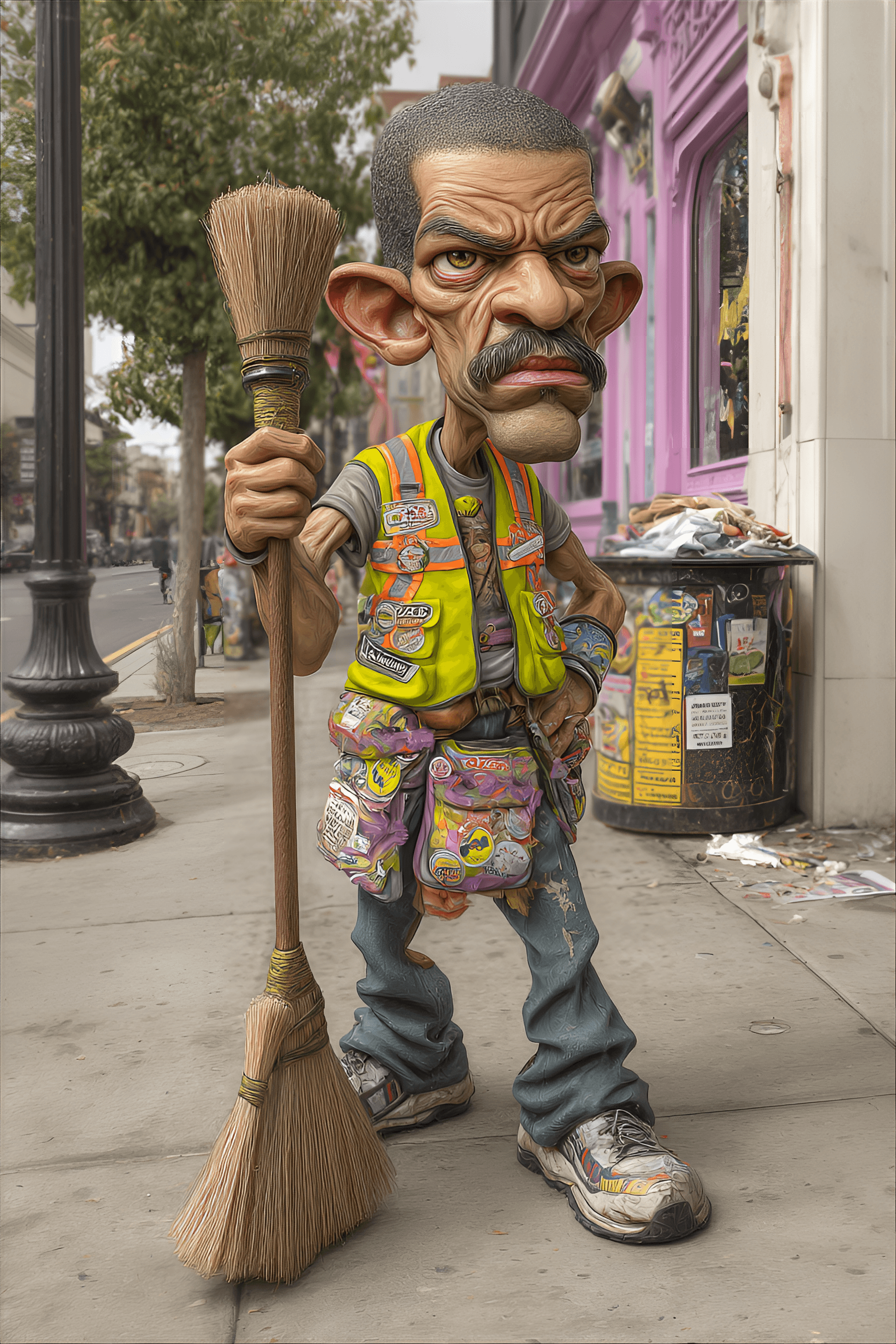 AI generated: funny caricature, ludicrous political street sweeper, 47 years old, mustached, bow-legged, squinty-e...