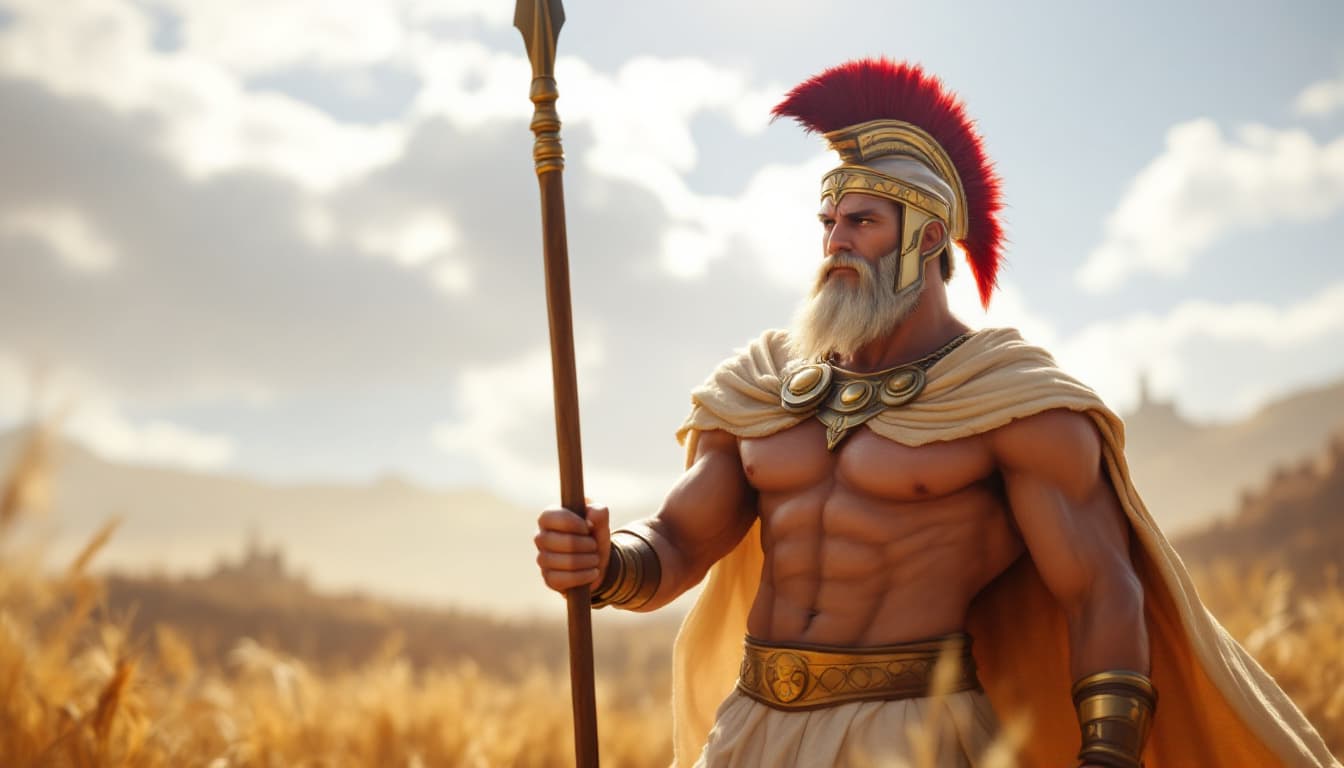 AI generated: A muscular Greek warrior holding a spear, standing against a backdrop of a sunlit battlefield.
