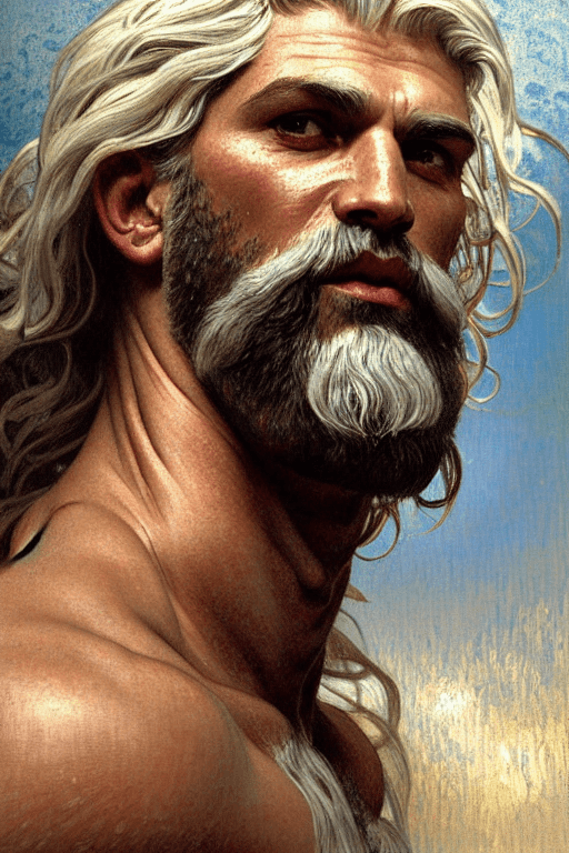 AI generated: painted portrait of rugged zeus, god of thunder, greek god, white hair, masculine, mature, handsome,...