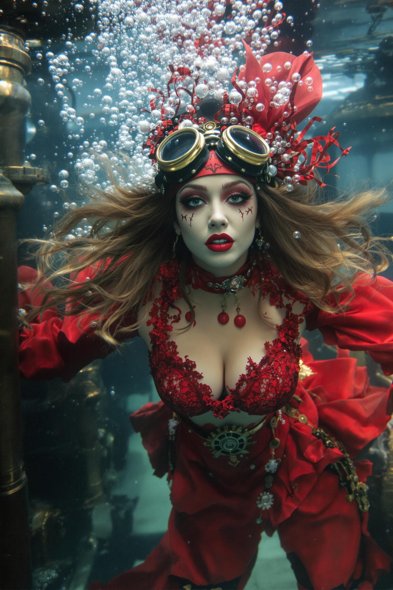 AI generated: A woman in a striking red steampunk-inspired outfit, adorned with intricate lace and metal accents, ...